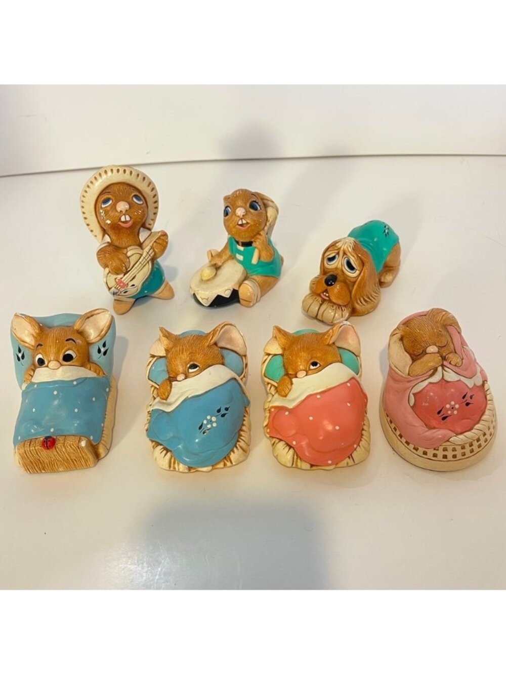Vintage Pendelfin Stoneware Bunny Rabbit Dog Figurine Lot Bed Peeps Poppet Wakey